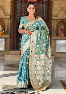 Sea Green Woven Silk Blend Saree Set