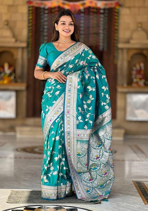 Green Woven Silk Blend Saree Set