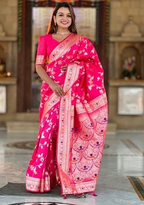 Pink Woven Silk Blend Saree Set