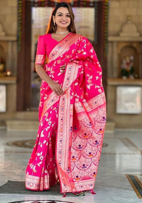 Pink Woven Silk Blend Saree Set