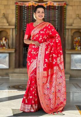 Red Woven Silk Blend Saree Set