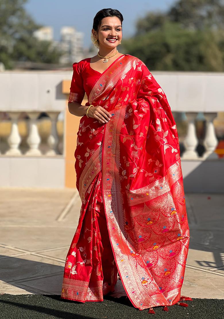 Red Woven Silk Blend Saree Set
