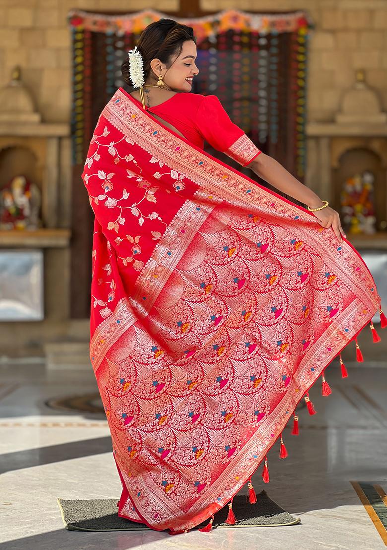 Red Woven Silk Blend Saree Set
