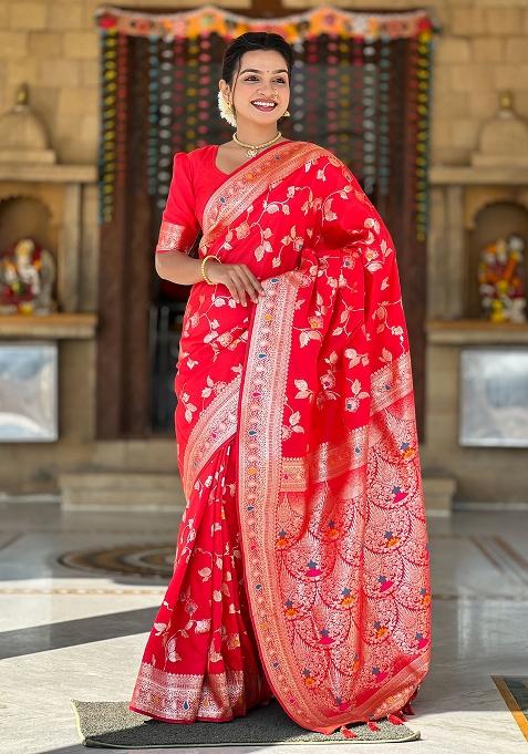 Red Woven Silk Blend Saree Set
