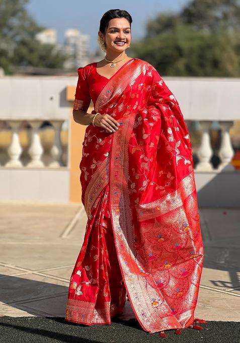 Red Woven Silk Blend Saree Set