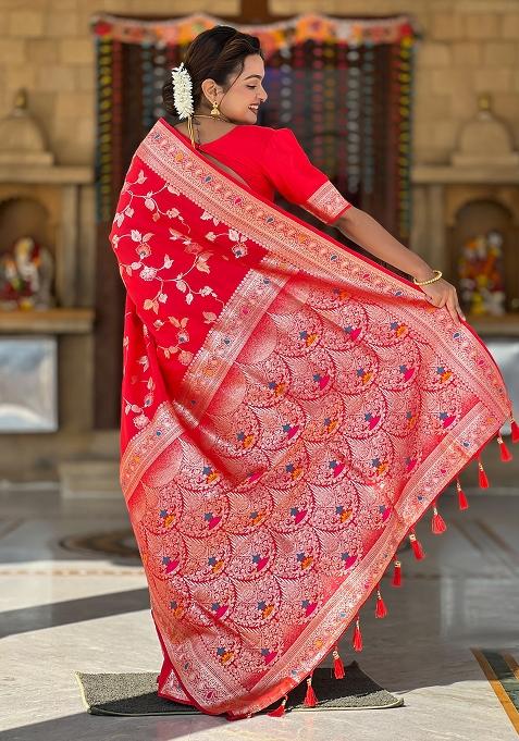 Red Woven Silk Blend Saree Set