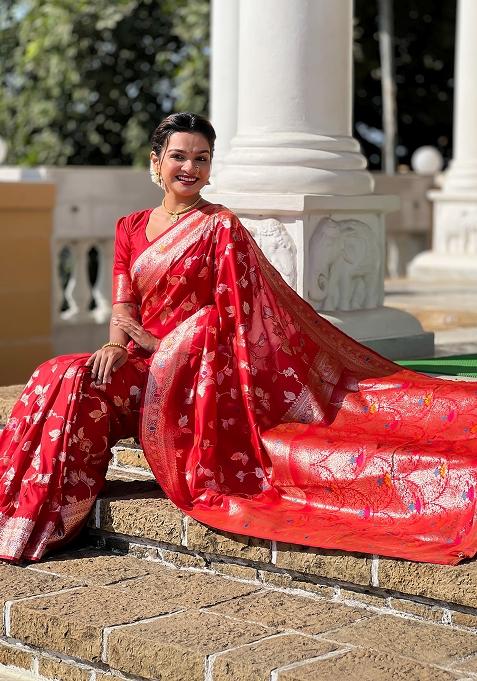 Red Woven Silk Blend Saree Set