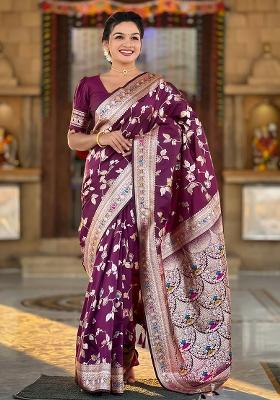 Wine Woven Silk Blend Saree Set