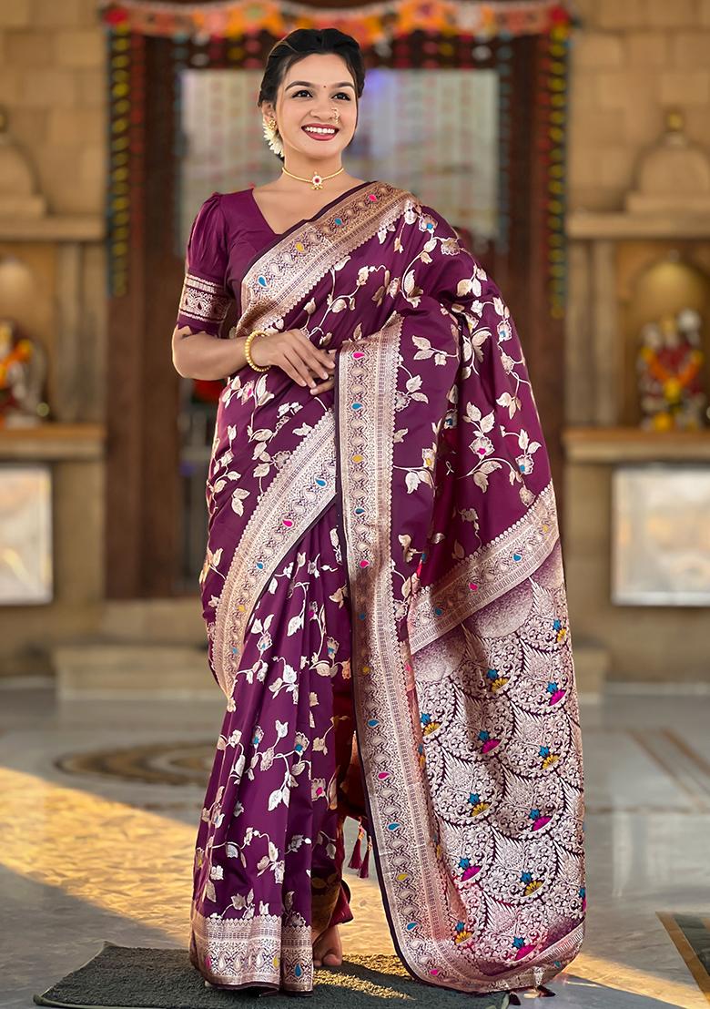 Wine Woven Silk Blend Saree Set