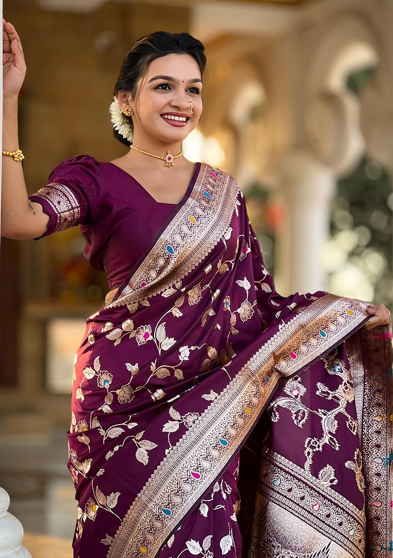 Wine Woven Silk Blend Saree Set