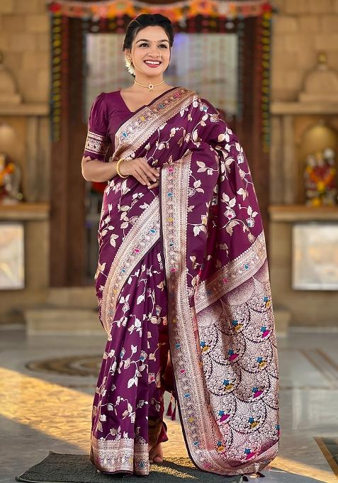 Wine Woven Silk Blend Saree Set