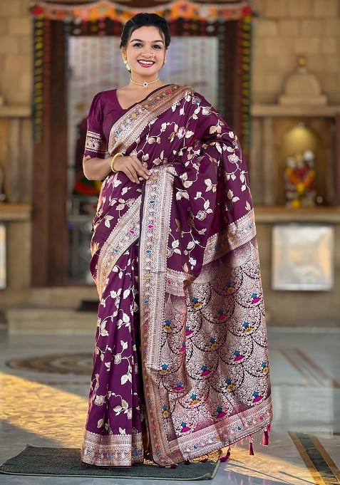 Wine Woven Silk Blend Saree Set