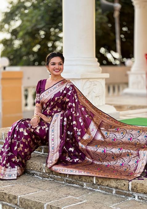 Wine Woven Silk Blend Saree Set