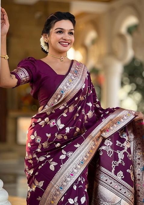 Wine Woven Silk Blend Saree Set
