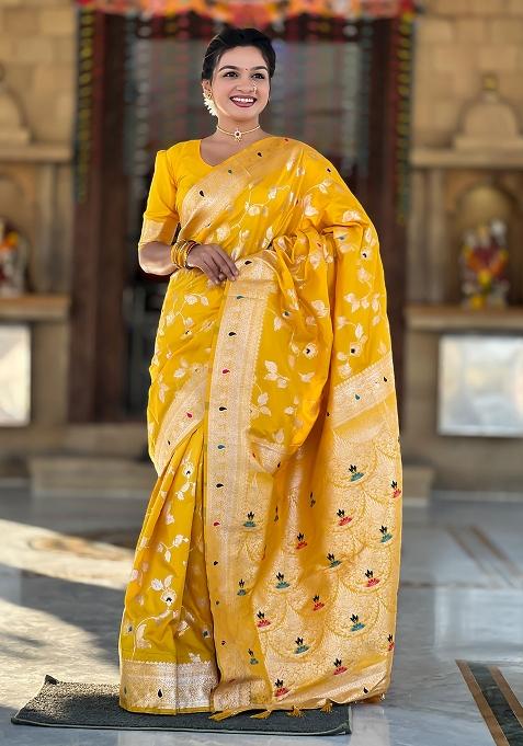 Yellow Woven Silk Blend Saree Set