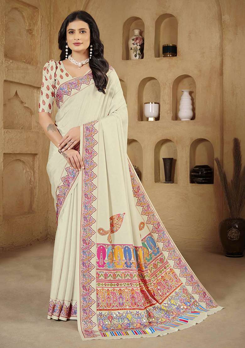 Off White Printed Crepe Saree Set for Diwali and Festive Wear - Indya