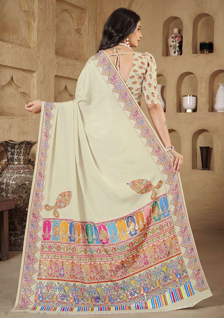 Off White Printed Crepe Saree Set for Diwali and Festive Wear - Indya
