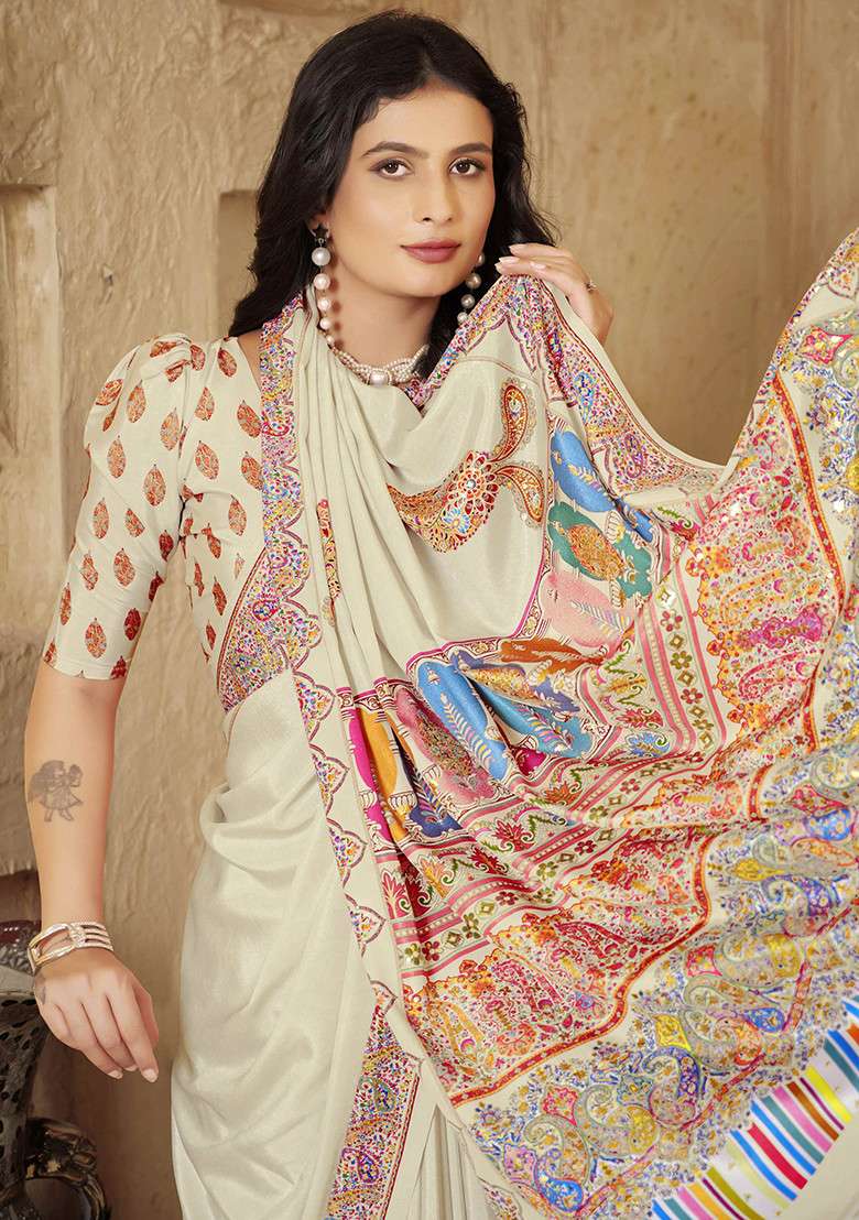 Off White Printed Crepe Saree Set for Diwali and Festive Wear - Indya