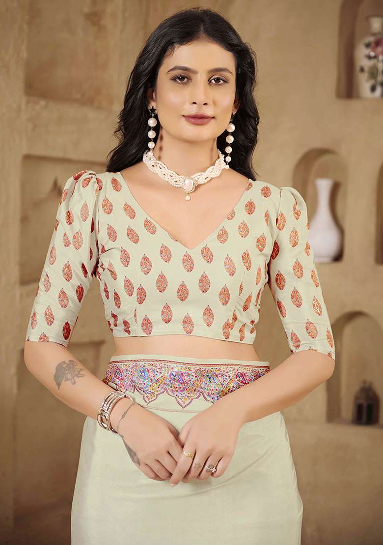 Off White Printed Crepe Saree Set for Diwali and Festive Wear - Indya