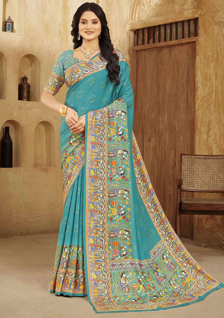 Tourquoise Blue Crepe Saree Set with Printed for Diwali | Wedding & Festive Wear - Indya