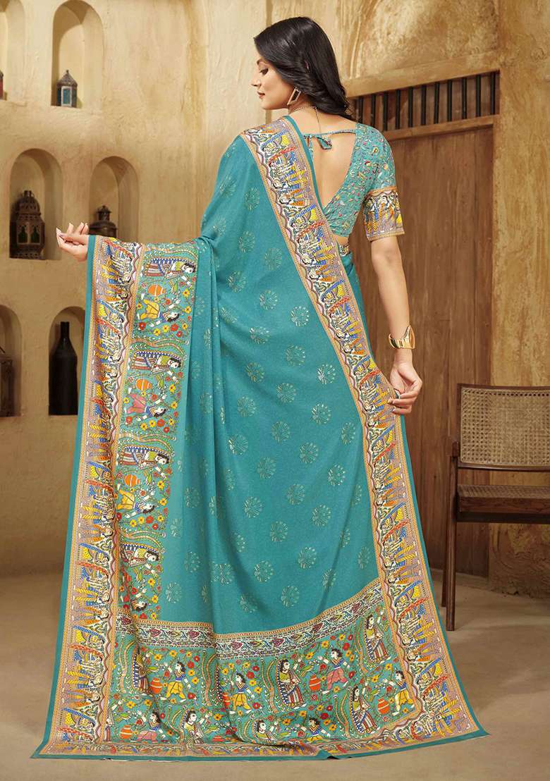 Tourquoise Blue Crepe Saree Set with Printed for Diwali | Wedding & Festive Wear - Indya