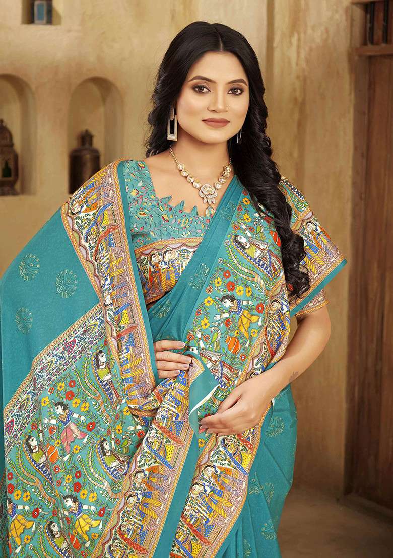 Tourquoise Blue Crepe Saree Set with Printed for Diwali | Wedding & Festive Wear - Indya