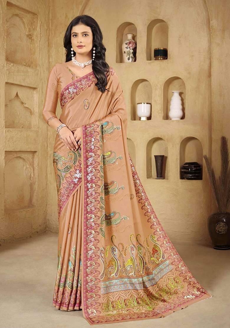 Light Peach Crepe Saree Set with Printed for Diwali | Wedding & Festive Wear - Indya