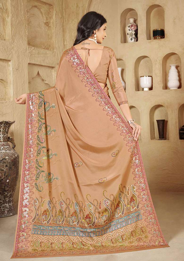 Light Peach Crepe Saree Set with Printed for Diwali | Wedding & Festive Wear - Indya