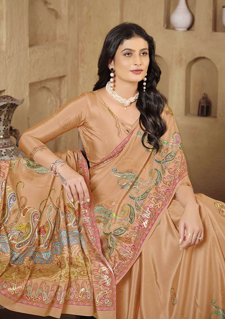 Light Peach Crepe Saree Set with Printed for Diwali | Wedding & Festive Wear - Indya