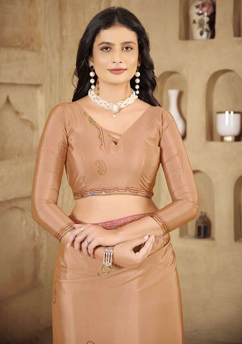Light Peach Crepe Saree Set with Printed for Diwali | Wedding & Festive Wear - Indya