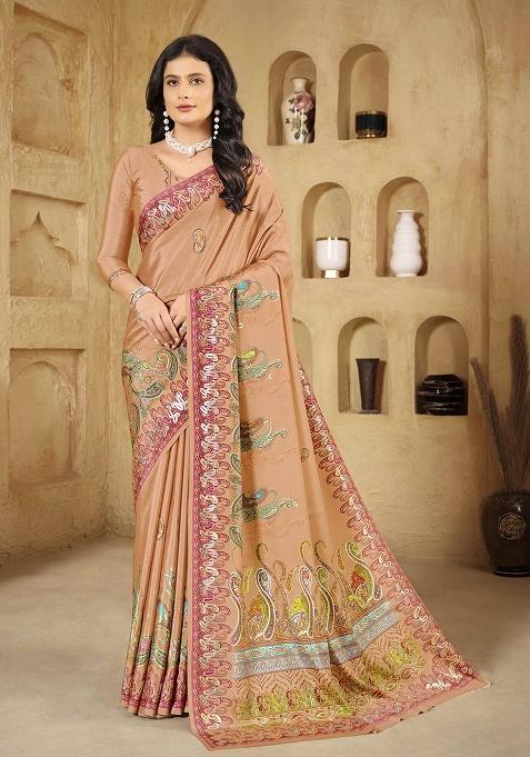 Light Peach Printed Crepe Saree Set