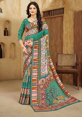Green Printed Crepe Saree Set