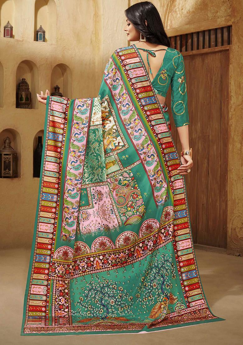 Green Printed Crepe Saree Set
