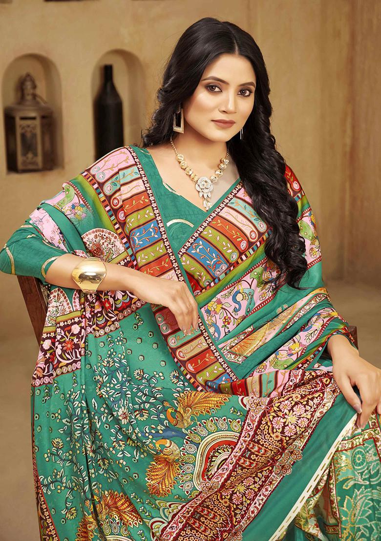 Green Printed Crepe Saree Set