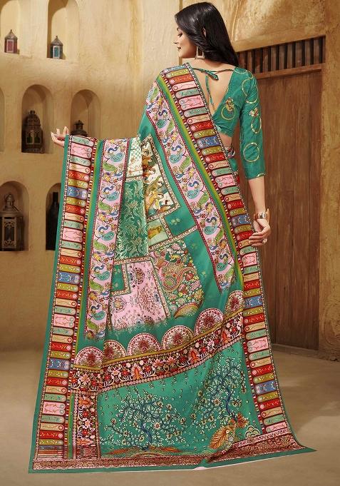 Green Printed Crepe Saree Set
