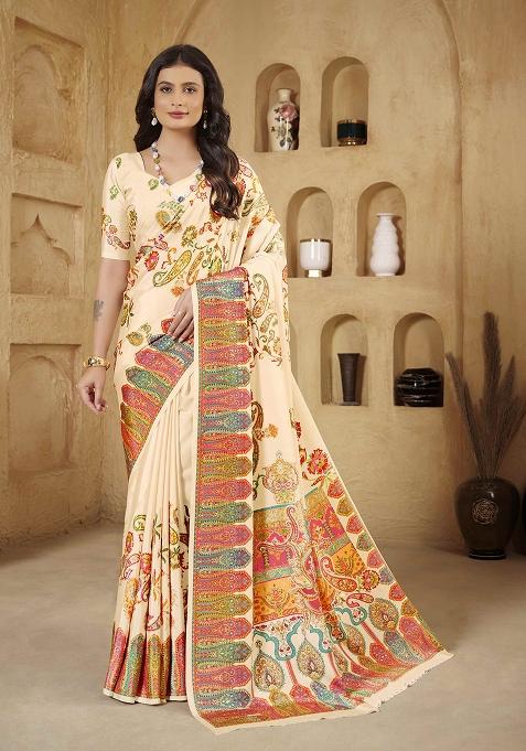 Cream Printed Crepe Saree Set