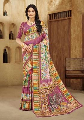 Lavender Printed Crepe Saree Set