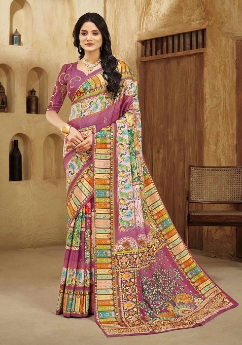 Lavender Printed Crepe Saree Set