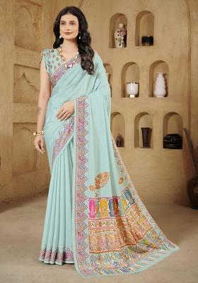 Sky Blue Printed Crepe Saree Set