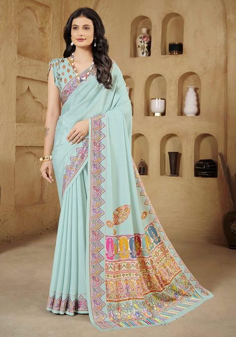 Sky Blue Printed Crepe Saree Set