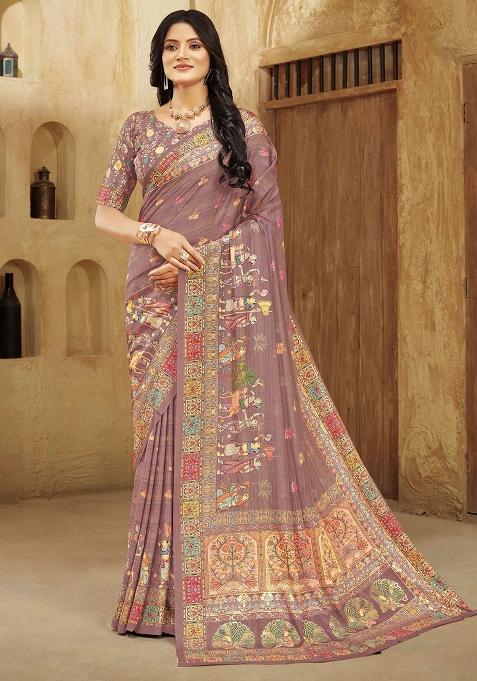 Pink Printed Crepe Saree Set