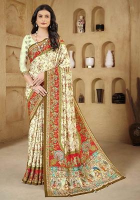 Green Printed Crepe Saree Set