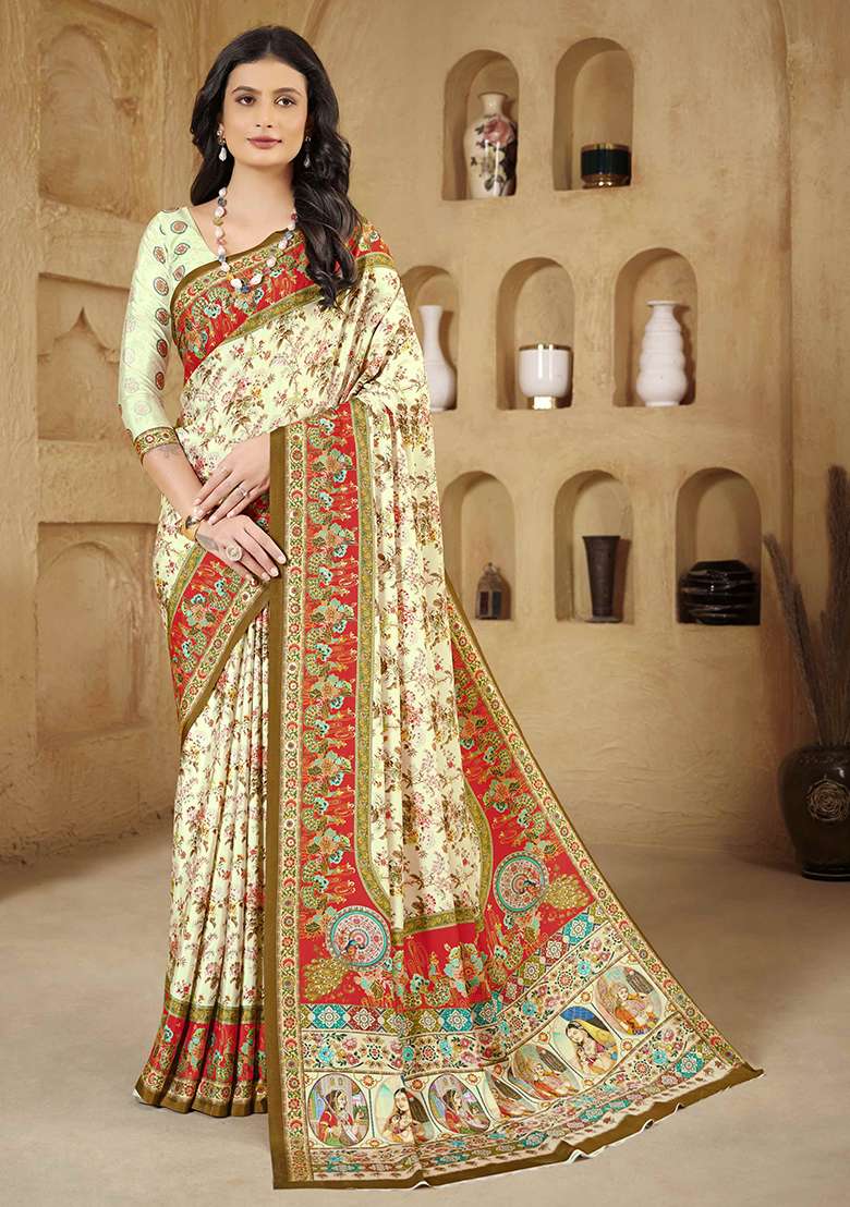 Green Printed Crepe Saree Set for Diwali and Festive Wear - Indya