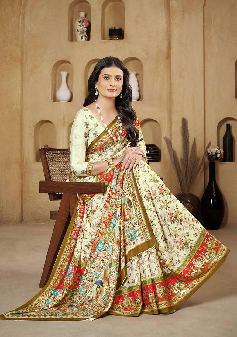 Green Printed Crepe Saree Set for Diwali and Festive Wear - Indya