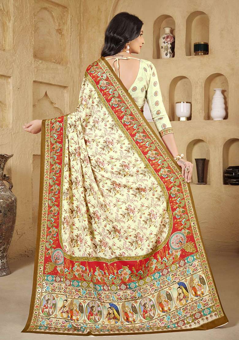 Green Printed Crepe Saree Set for Diwali and Festive Wear - Indya