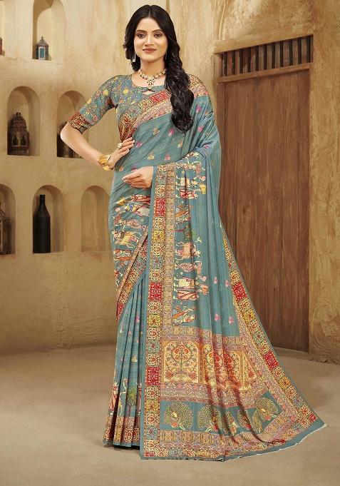 Aqua Blue Printed Crepe Saree Set