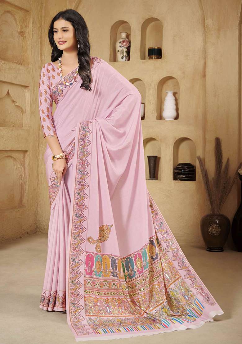 Pink Crepe Saree Set with Printed for Diwali | Wedding & Festive Wear - Indya