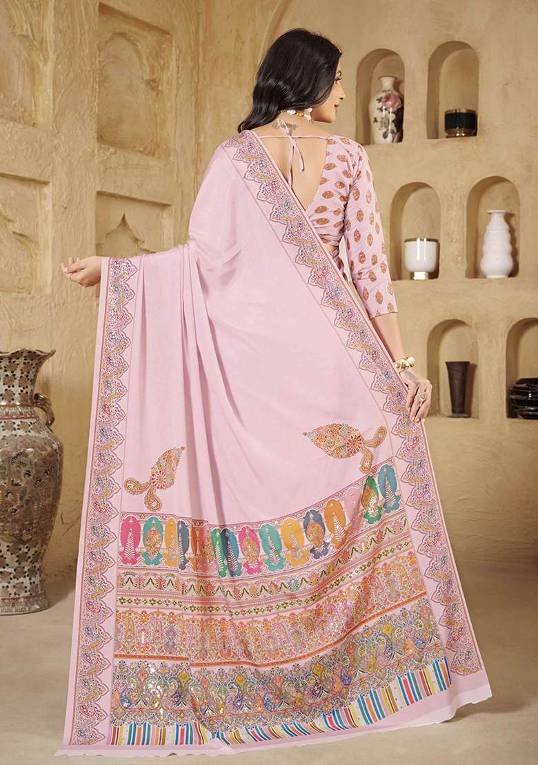 Pink Crepe Saree Set with Printed for Diwali | Wedding & Festive Wear - Indya