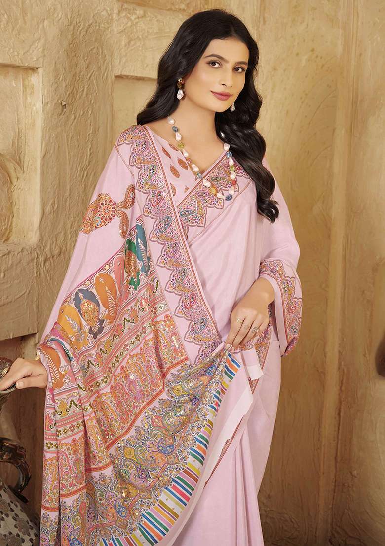 Pink Crepe Saree Set with Printed for Diwali | Wedding & Festive Wear - Indya