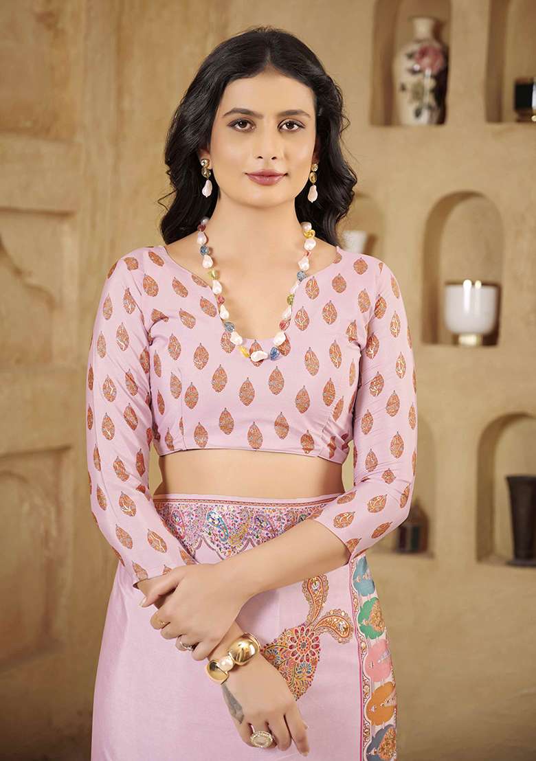 Pink Crepe Saree Set with Printed for Diwali | Wedding & Festive Wear - Indya